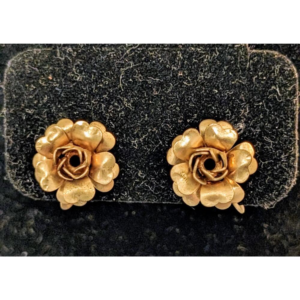Vintage Gold Tone Floral Rose Screw Back Earrings